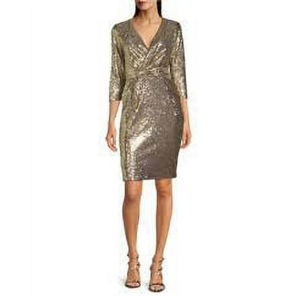 $168 NWT Calvin Klein Gold V-Neck Faux Wrap Sequin Mesh Dress 3/4 Sz 4 Cocktail
